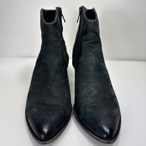 Frye Black Nubuck Leather Stacked Heel Reed Western Booties Size 8.5 - Picture 2 of 11